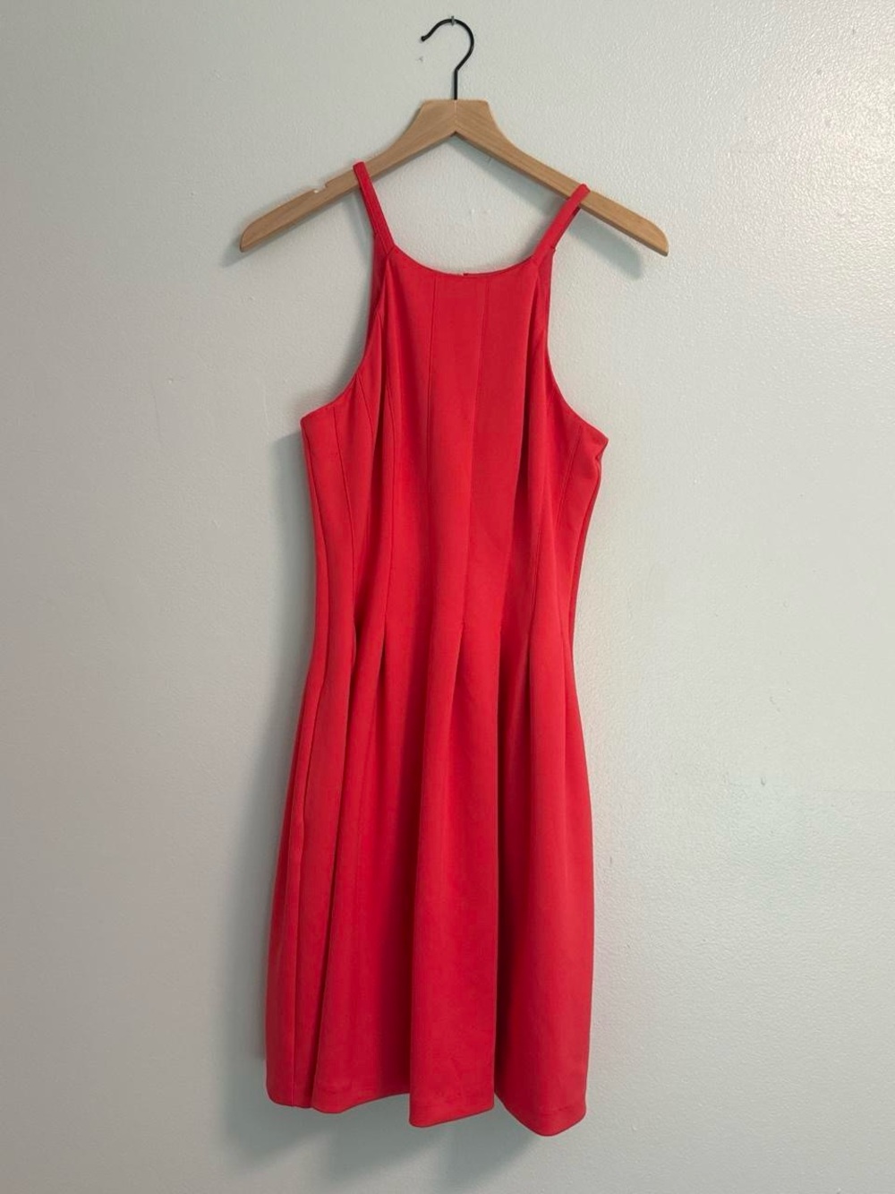 calvin klein high neck pleated aline coral red midi dress